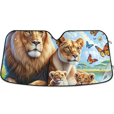 Imagem de Guarda-sol personalizado da família de leões de animais africanos para para-brisas de carro persianas dobráveis universais para janelas frontais floral automotivo M, 139,7 cm x 70,1 cm
