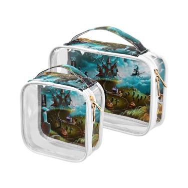 Imagem de GAIGEO Conjunto de bolsas de maquiagem transparentes com esqueletos engraçados, abóboras, transparente, bolsa de maquiagem, bolsa de higiene para mulheres, transparente, pacote com 2, Cemitério