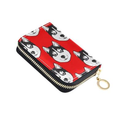 Imagem de Carteira feminina de couro com bloqueio de RFID, carteira de cartão de crédito, desenho animado, cão husky, vermelho, bolsa de moedas fofa com zíper