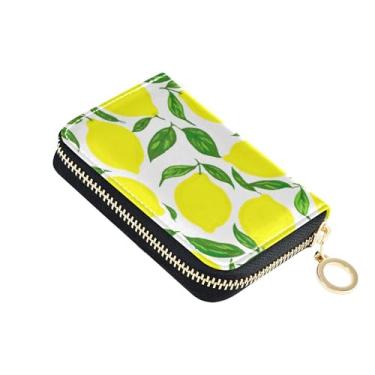 Imagem de Carteira feminina de couro com bloqueio de RFID, carteira feminina com zíper e zíper amarelo, limões e folhas verdes