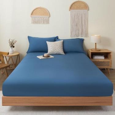 Imagem de Lençol com elástico alto, capa de colchão, roupa de cama luxuosa, ultramacio e confortável, lençóis duráveis de luxo, ajuste seguro e confortável para quartos de hóspedes - Azul||150 cm x 200 cm