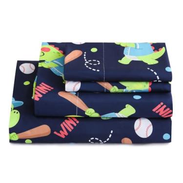 Imagem de ChicView Jogo de lençol Queen infantil, 4 peças de lençóis de microfibra macia respirável para crianças, meninos, meninas, antiborboto, bolsos profundos, fácil de cuidar, dino