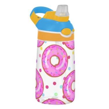 Imagem de Garrafa de água esportiva Tritan infantil de 473 ml com tampa de palha, garrafa de água portátil de 473 ml, copo infantil reutilizável à prova de vazamento, alça de transporte, lindos donuts rosa
