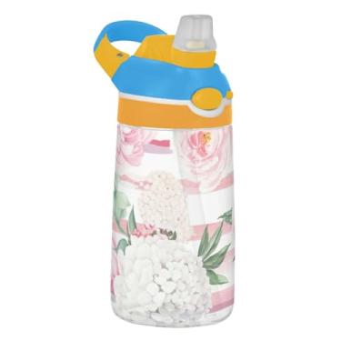 Imagem de Garrafa de água esportiva infantil rosa pastel peônias para escola, 473 ml Tritan 473 ml garrafa de água com canudo, copos de viagem reutilizáveis para crianças portáteis, alça de transporte