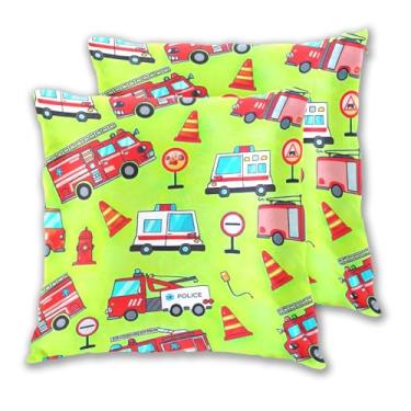 Imagem de Joitme Conjunto de 2 capas de almofadas verdes de caminhões de bombeiros de desenho vermelho com 2 capas de almofada de sofá de luxo para decoração de sofá-cama, 50 x 50 cm, 2 peças
