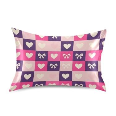 Imagem de Wassud Fronha de cetim xadrez para o dia dos namorados com laços de coração para cabelo e pele fronhas de seda lisa tamanho padrão capas de travesseiro respiráveis com fecho de envelope