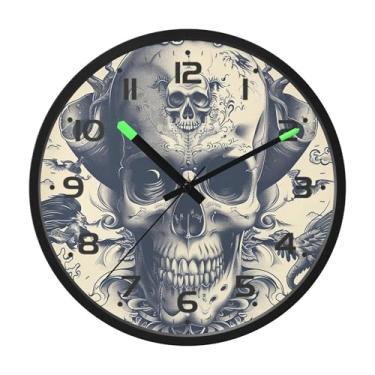Imagem de SEHANY Relógio artístico de parede de caveira silencioso, sem tique-taque, relógio redondo operado por bateria, controle de som, luz noturna, relógios de parede para sala de estar, cozinha, quarto