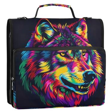 Imagem de Organizador de fichário com zíper, estampa de cabeça de lobo em aquarela, 3 anéis, bolsa grande para fichários escolares com alça de ombro, portfólio e estojo para pasta de anel