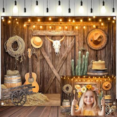 Imagem de Pano de fundo de caubói ocidental decorações de festa do oeste selvagem vintage de madeira porta de celeiro fundo fotográfico decorações de festa caubói banner cabine fotográfica, 25 x 20 m, marrom