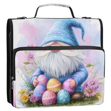 Imagem de Gnomo de Páscoa fofo, ovos coloridos, 3 anéis, fichário com zíper e alça de ombro para portfólio de viagens escolares e porta-pastas