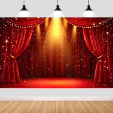 Imagem de Cortina de palco vermelha de 50 x 3 m, fundo dourado com brilho e estrelas, para casamento, festa de aniversário, apresentação de palco, cabine fotográfica, faixa de decoração de parede