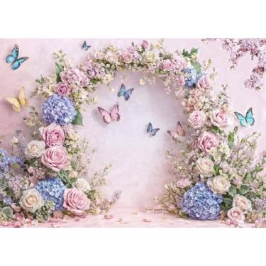 Imagem de Pano de fundo floral de borboleta rosa de 3 x 2,4 m para chá de bebê com flores coloridas para fundo de fotografia, casamento, menina, aniversário, decoração de bolo, decoração de festa, adereços de