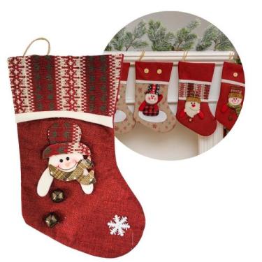 Imagem de Bota Decorativa Meia Natal Boneco de Neve Tecido Linho Vinho e Xadrez 