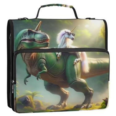 Imagem de Organizador de fichário com zíper engraçado, unicórnio dinossauro, fichários de 3 cm, 3 anéis, bolsa de viagem para escola, com alça de ombro, vários bolsos, pasta grande para portfólio