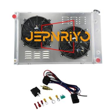 Imagem de Jepnriyo Radiador de alumínio de 4 fileiras compatível com Chevy GMC C10/C20/C30/K10/K20/K30/C1500/C2500/C3500 Blazer Jimmy Suburban Shroud Relé para ventilador