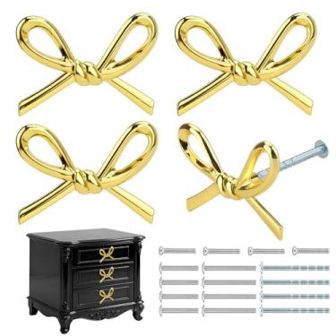 Imagem de Foyofly Conjunto de 4 puxadores de cômoda com laço dourado, puxadores de gaveta fofos, puxadores de metal escovado, liga de zinco, puxadores vintage para armários de cozinha, casa, quarto (4, dourado)