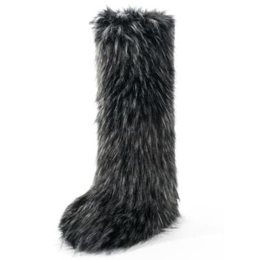 Imagem de IXU Bota feminina de pele sintética, bico redondo, felpuda, de camurça, para inverno, confortável, quente, para uso externo, para uso interno, sem salto, botas até o joelho, Cinza, 38