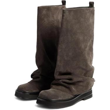 Imagem de MAVMAX Botas femininas de salto alto góticas com fivela na altura do joelho botas de motociclista góticas de salto alto, Camurça Taupe, 6.5