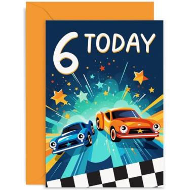 Imagem de Old English Co. Cartão de aniversário de 6 anos para menino ou menina - Cartão de aniversário de carros de corrida para criança - Cartão de aniversário de sexto aniversário para ele ou ela - Cartão de