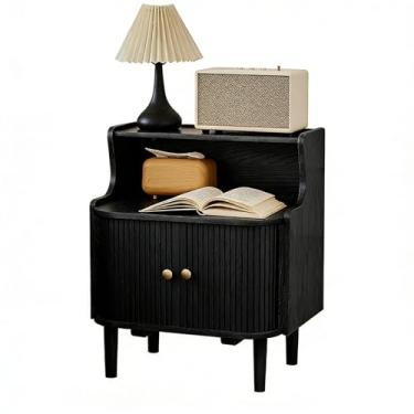 Imagem de Mesa de cabeceira de madeira maciça, mesa de cabeceira moderna com gaveta de armazenamento e prateleira de madeira aberta, mesas laterais de cama de fazenda, mesas de extremidade, cômoda de madeira