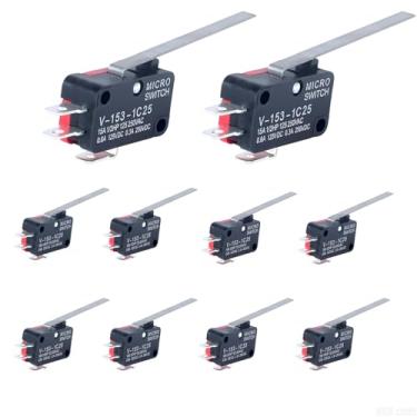 Imagem de JIQI 10 peças V-153-1C25 micro interruptor de limite com braço de alavanca de dobradiça reta longa de 2,1 pol (53 mm) SPDT NO e modos de comutação NC e terminais de latão de 3 pinos.