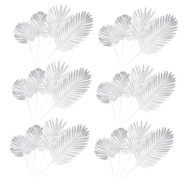 Imagem de OUNONA 24 peças de folhas artificiais prateadas para decoração de casamento, folhagem decorativa leve para festa, inclui palmeira Monstera e folhas de leque