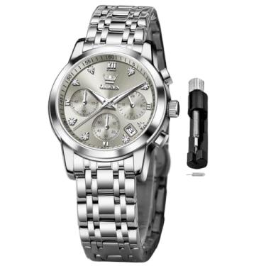 Imagem de OLEVS Relógio feminino multifuncional em dois tons, moderno, analógico, quartzo, feminino, aço inoxidável, à prova d'água, diamante, para mulheres, Relógio cinza 2858, relógio feminino