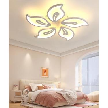 Imagem de Luminária de teto LED moderna, dimerizável com controle remoto, design criativo em formato de pétalas, iluminação interna em acrílico para sala de estar, quarto, sala de jantar e escritório