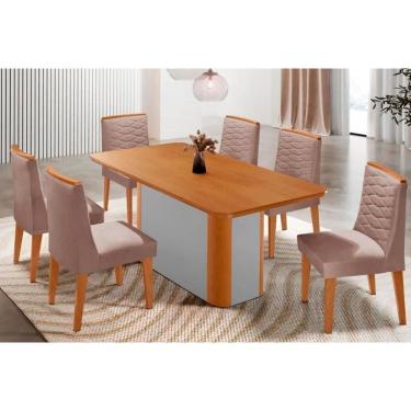 Imagem de Sala Jantar Mesa Pietá Tampo Curvo 180cm+6 Cadeiras Maldivas Madeira Naturale/Off White - Capuccino/Linho Capuccino - Rufato