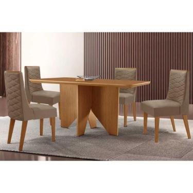 Imagem de Sala Jantar Mesa Nevada Tampo Curvo 120cm+4 Cadeiras Dafne Madeira Naturale - Capuccino/Suede Capuccino - Rufato