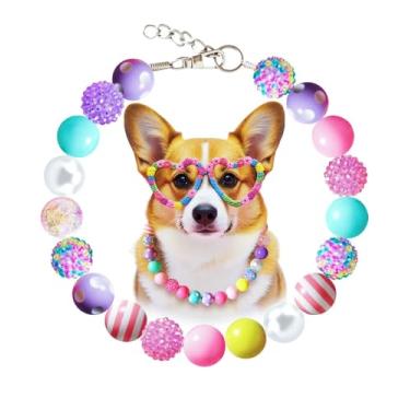 Imagem de KUDES Colar com coleira de cachorro Bubblegum – Contas de doces grossas de 20 mm com corrente de aço inoxidável | Coleira de strass ajustável para cães médios/grandes | Joias de uso diário e festa