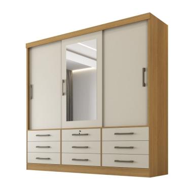 Imagem de Guarda Roupa Casal 3 Portas Com Espelho Central 9 Gavetas 100% Mdf Atlanta Cinamomo/Off White