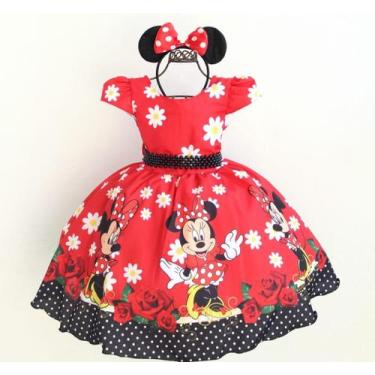 Imagem de Vestido Festa Infantil Minnie Vermelha Flor E Tiara Orelha - Pingo De 