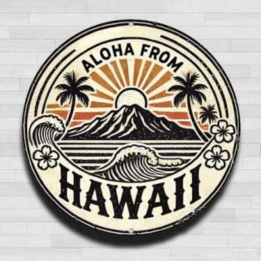 Imagem de Placa de parede redonda de metal rústico vintage Aloha From Havaí, 20 cm, presentes internos e externos e decoração para casa, escritório, café e fazenda