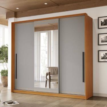 Imagem de Guarda Roupa Roupeiro 3 portas de correr 4 gavetas com Espelho Valência Freijó Cinza Politorno Móveis