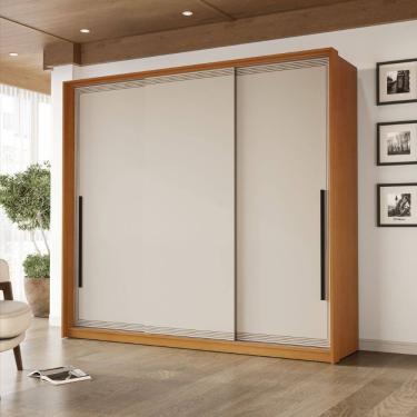 Imagem de Guarda Roupa Roupeiro 3 portas de correr 4 gavetas Valência Freijó Creme Politorno Móveis