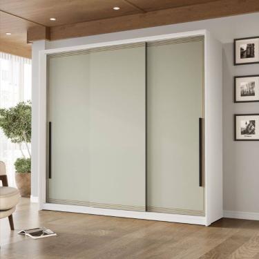 Imagem de Guarda Roupa Roupeiro 3 portas de correr 4 gavetas Valência Branco Verde Politorno Móveis