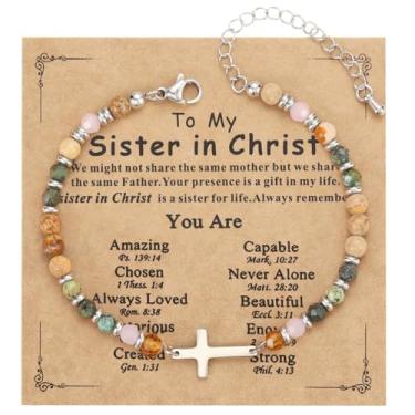 Imagem de Emibele Pulseira de cruz cristã para mulheres, pulseiras de contas de cruz religiosa com pedra natural, joias de fé cristã religiosa, presentes exclusivos para irmã em Cristo na confirmação, batismo e