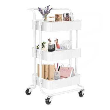 Imagem de Carrinho Organizador Multiuso com 3 Prateleiras | Carrinho de Aço com Rodas para Cozinha Salão Estética(Branco)