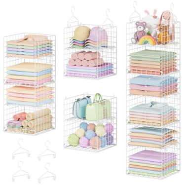 Imagem de Yuyetuyo Organizador de armário suspenso de 6 níveis, organizador de suéter para armário, cesto empilhável de armazenamento de arame para bolsa de roupas, sapatos, prateleiras suspensas com 4 ganchos