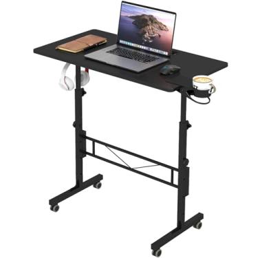 Imagem de Hadulcet Mesa de pé pequena, altura ajustável, mesa de pé móvel com rodas, suporte de mesa portátil para caminhada, carrinho de laptop com rodinhas para ficar em pé ou sentado, preto