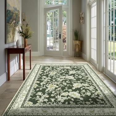 Imagem de Tapetes de área com estampa floral verde-oliva para quarto, sala de estar, boho, casa de fazenda, rústico, sala de jantar, tapetes macios e laváveis, revestimento antiderrapante para berçário, sala de