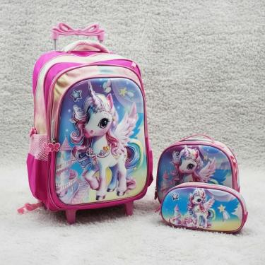 Imagem de Kit Mochila Impermeável Rodinha + lancheira térmica + estojo - Unicórnio 3D