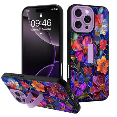 Imagem de Fiyart Capa projetada para iPhone 16 Pro Max com estampa floral de flores roxas, alça de dedo integrada para mulheres e meninas, TPU rígido PC à prova de choque 3D dourado bumper 17.5 cm