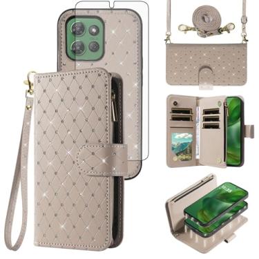 Imagem de Asuwish Capa de telefone para Motorola Moto G Power 5G 2025 carteira com zíper destacável capa magnética protetora de tela alça transversal alça com glitter porta-cartões slots XT2515-1 mulheres