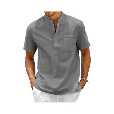 Imagem de Camisa Casual De Praia Masculina Vintage De Algodão E Linho Com Gola H