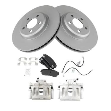 Imagem de TRQ Kit de pastilha de freio frontal e rotor semi-metálico premium G-Coated compatível com Chrysler 300 2009-2010 Dodge Challenger 2006-2010 2005-2010 Carregador Magnum 2005-2008