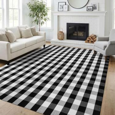 Imagem de KILOCOCO Tapete xadrez Buffalo 20 x 25 cm, preto, branco, lavável, retrô, xadrez, para ambientes externos, para sala de estar, sala de jantar/quarto