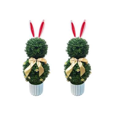 Imagem de 2 peças de árvore de topiária de coelho artificial com vaso de 80 cm resistente a raios UV, buxo, arbusto, plantas em forma de coelho com orelhas e laço, decoração de varanda de primavera para entrada