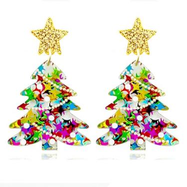 Imagem de Brincos femininos de árvore de Natal coloridos com pingente de gota de Natal rosa delicado estrela de Natal brincos fofos hipoalergênicos com tema de Natal joias, Large, Liga acrílica, Sem pedra